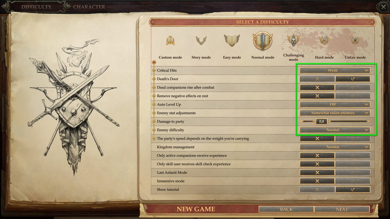 For the difficulty levels we recommend the normal mode. You can adjust the marked options further during the game. © Owlcat Games
