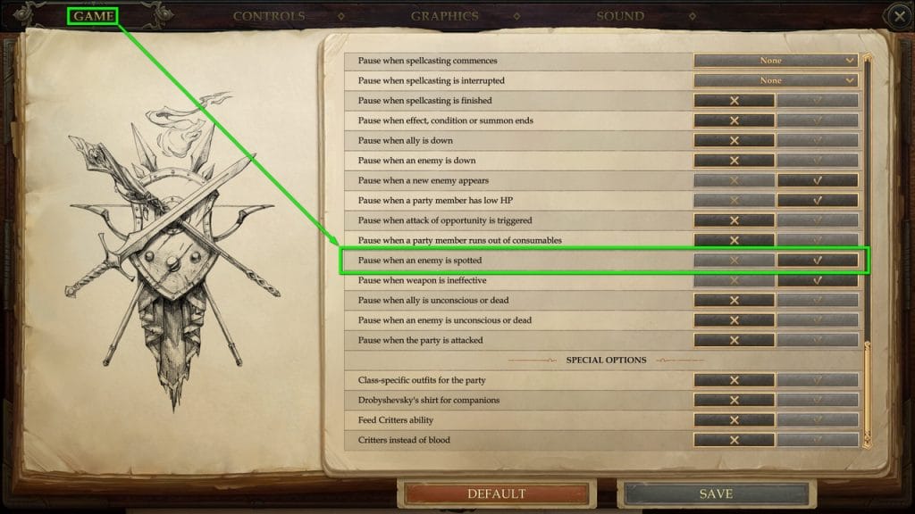 The above marked setting "Pause when an enemy is spotted" is absolutely essential for Pathfinder: Kingmaker. © Owlcat Games