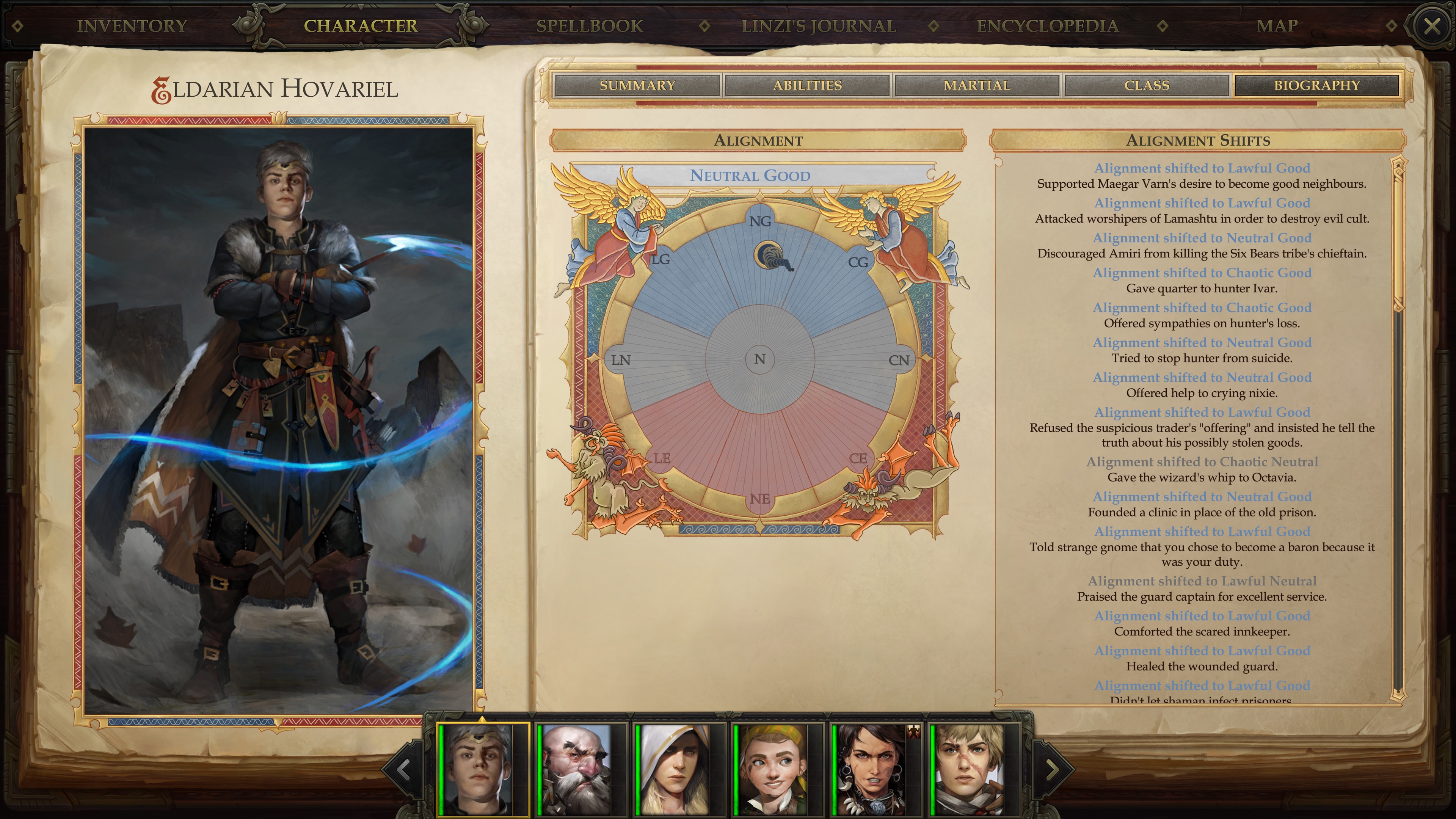 We can track the alignment of our heroes and the changes made to them in their biographies. © Owlcat Games
