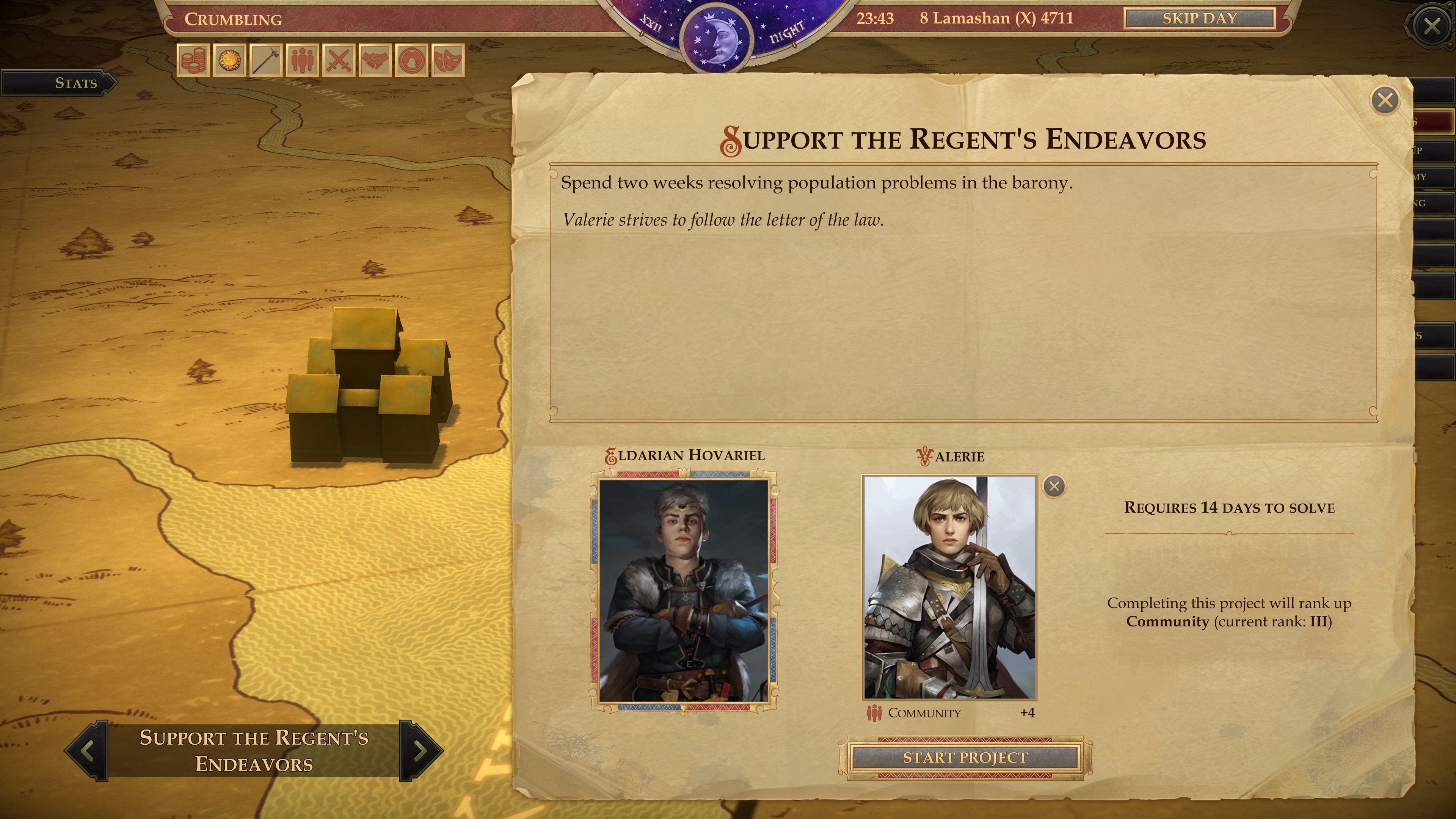 Increasing a rank of a barony stat requires the Baron's full attention for two weeks. © Owlcat Games