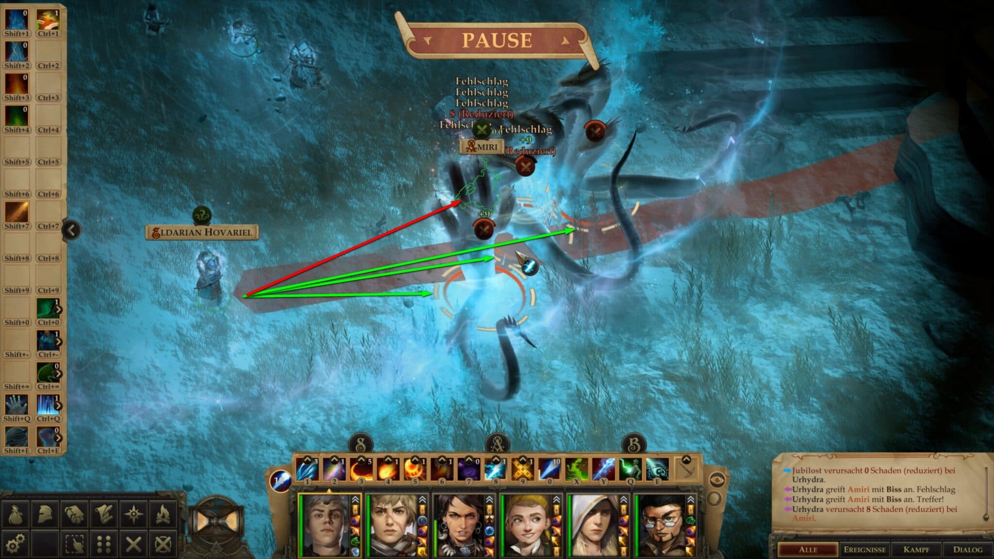 Die weißen gestrichelten Kreise (mit grünen Pfeilen angezeigt) markieren die Kreaturen, die getroffen werden. Unser Kämpfer an der Front (roter Pfeil) wird nicht erwischt. © Owlcat Games