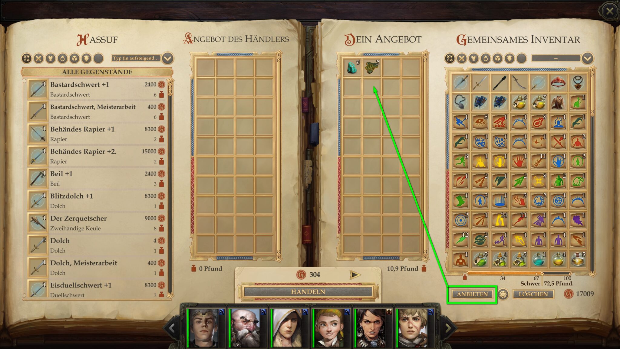 Der Button „Anbieten“ befördert sämtliches generisches Verkaufsgut in das Handelsfenster. © Owlcat Games