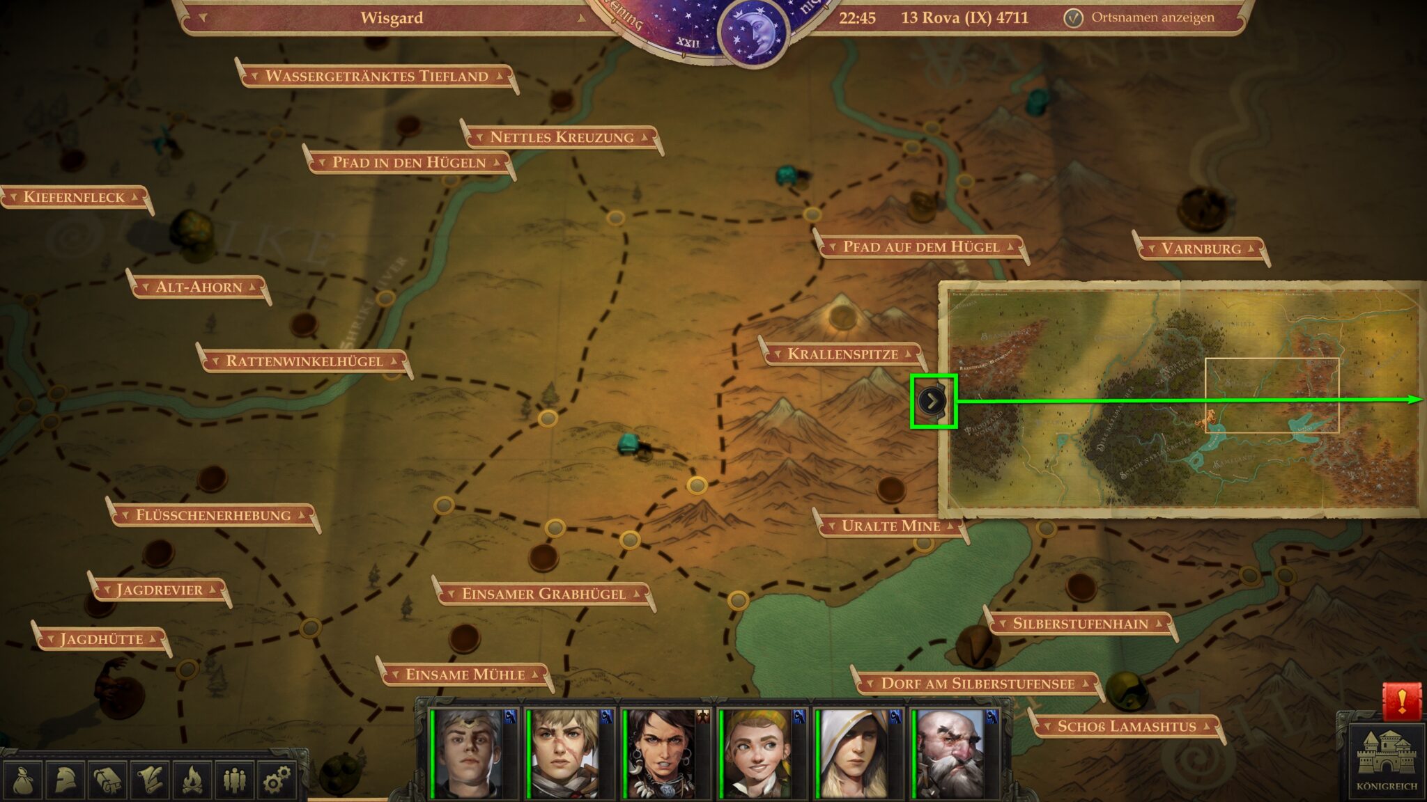 Der kleine Button, der die Übersichtskarte ausklappt, befindet sich ganz rechts am Bildrand. © Owlcat Games