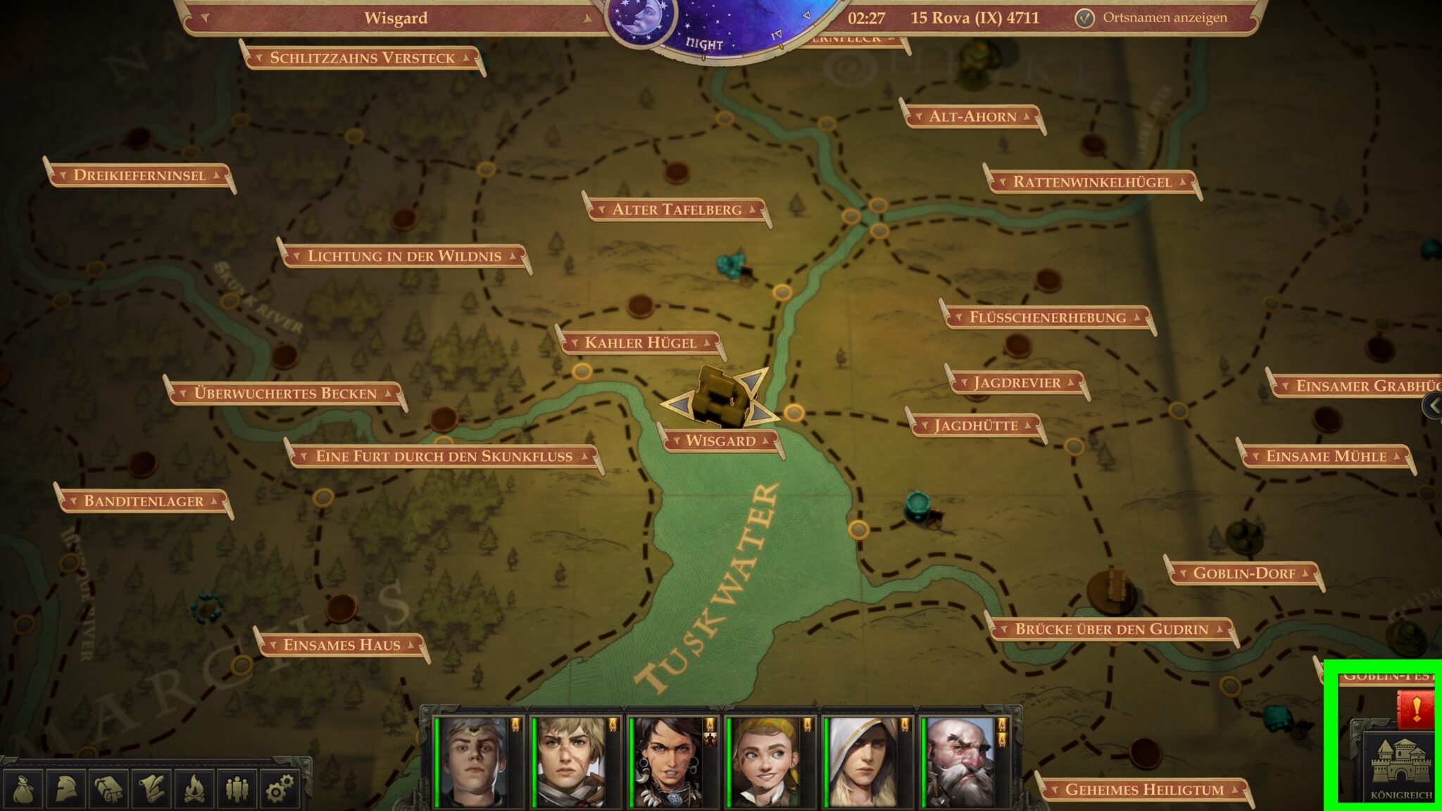 Der Königreich-Button auf der Weltkarte bringt uns zur Verwaltung der Baronie, das rote Ausrufezeichen zeigt uns an, wenn es neue Ereignisse gibt. © Owlcat Games