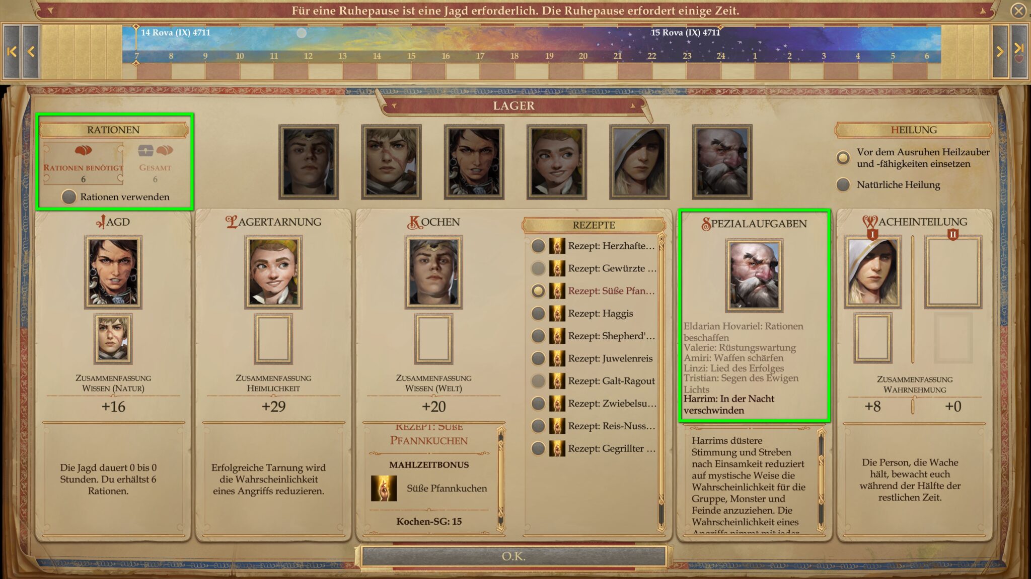 Weist den verschiedenen Aufgabenbereichen die richtigen Leute zu, verteilt Spezialaufgaben und sorgt dafür, dass ihr nur in Dungeons oder Höhlen Rationen verbraucht. © Owlcat Games