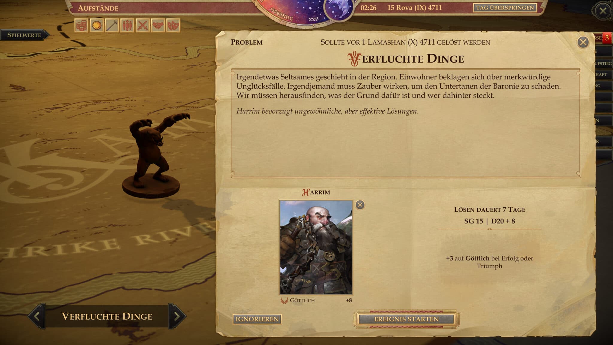 Ihr solltet euch immer so schnell wie möglich um Probleme kümmern, da diese negative Auswirkungen auf die Baronie haben können. © Owlcat Games