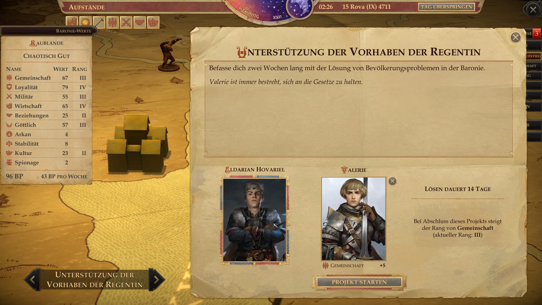 Einen Rang eines Königreichswertes zu steigern benötigt zwei Wochen lang die uneingeschränkte Aufmerksamkeit des Barons. © Owlcat Games